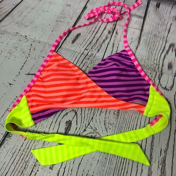 OP Ocean Pacific Multicolour Neon Stripe Bikini Swim Top Jr S (3-5) Women’s XXS - Picture 1 of 7